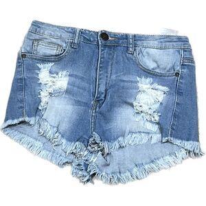 Machine, girls, medium denim, distressed, frayed, mini shorts‎